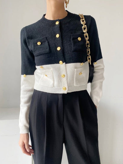 Long Sleeves Buttoned Contrast Color Round-neck Cardigan Tops