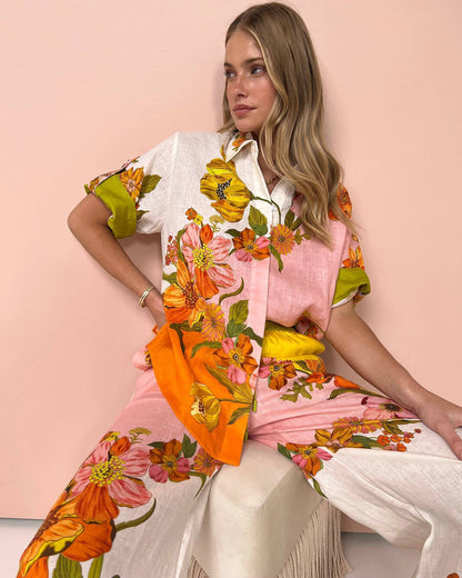 Printed Cotton Linen Two-piece Suit Outfit Top Wide Leg Pants – Stylish Set