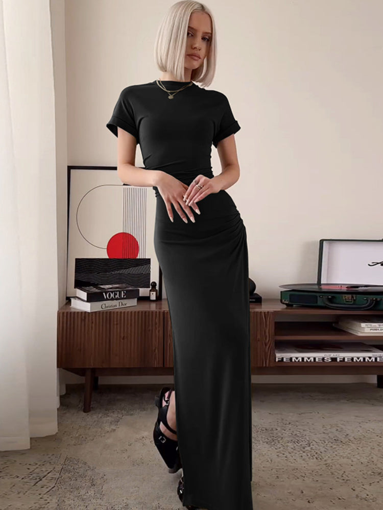 ’s O Neck Maxi Dress Short Sleeve Slim High Waist Dress Side Slit Evening Club Bodycon Dress Lady
