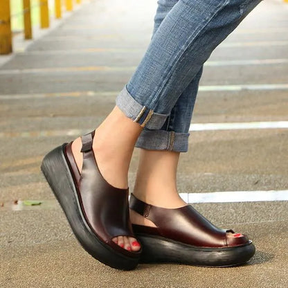 Summer Cow Leather Shoes Coffee Wedge Heel Sandals