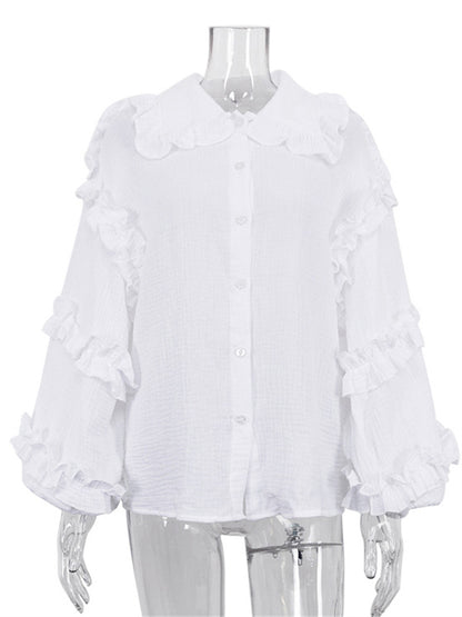Tossy White Ruffled Shirts for Patchwork Cardigan Lapel Long Sleeve Outwear Slim Shirts New