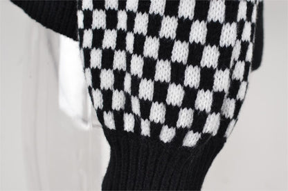 Autumn Winter Knitted Plaid Stitching Striped Cardigan Coat Sweater