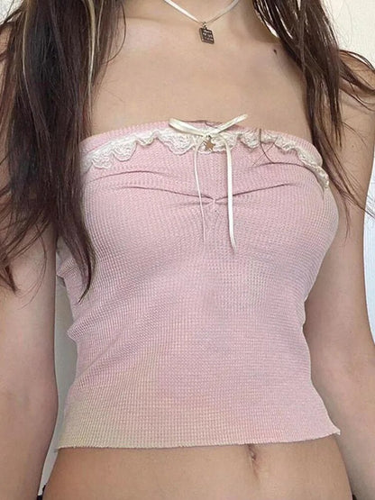 Sweet Off Shoulder Crop Top Kawaii Strapless Pink Tube Tops Bow Stitched Sleeveless Vest Y2k Summer