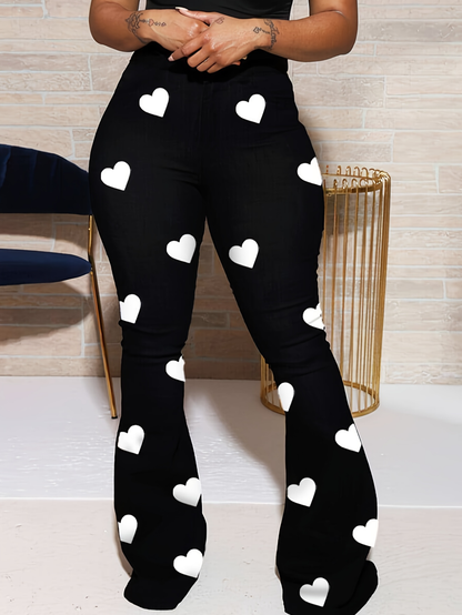 High Waist Heart Print Slimming Flared Pants New Spring Elastic Micro Horn Trousers Sweet Causal Style