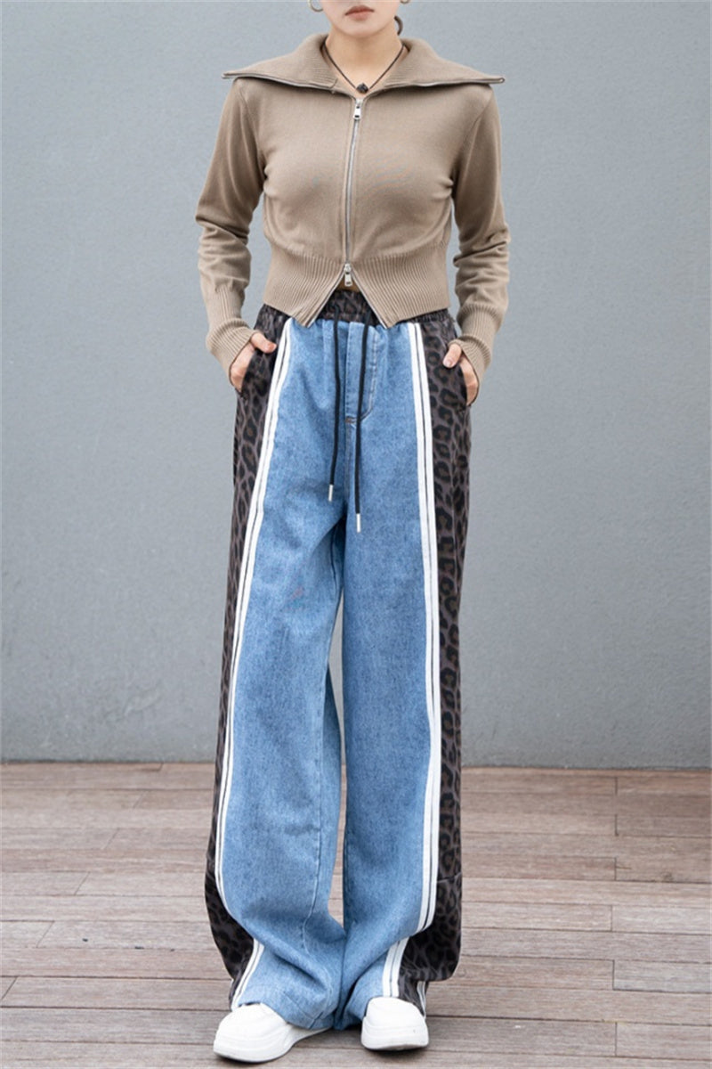Leopard Print Patchwork High Waist Straight Denim Jeans