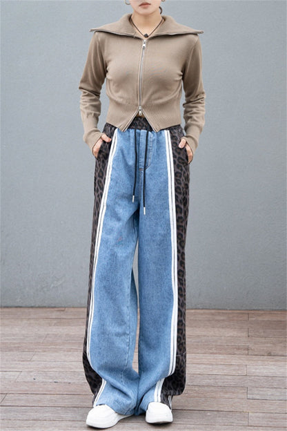 Leopard Print Patchwork High Waist Straight Denim Jeans