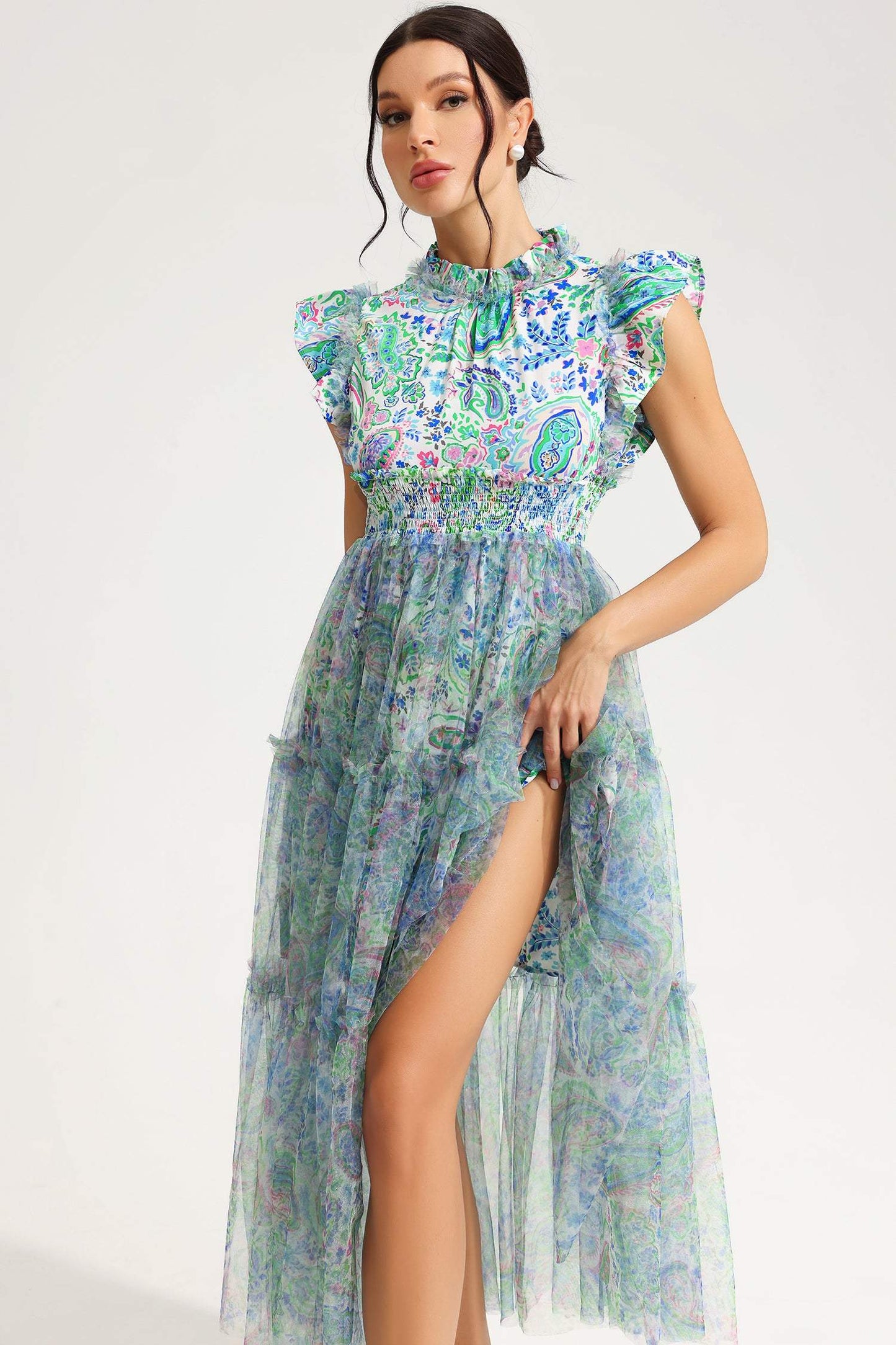 Flutter Sleeve Crew Collar Tapered Waist Midi Dress Green