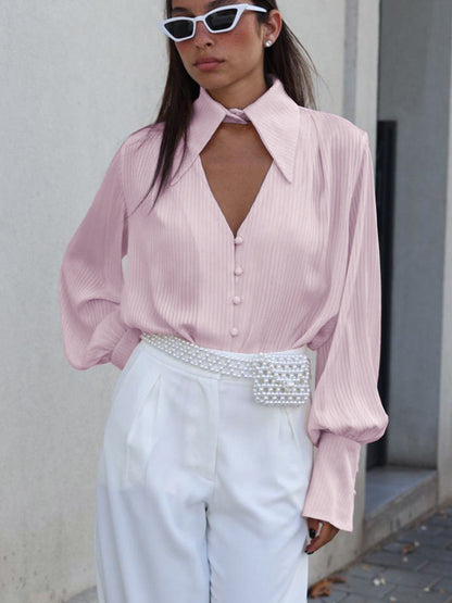 Taruxy Deep V Neck Blouse New Loose Long Sleeve Hollow Out Cardigan Femme Street Oversized Shirts for Woman