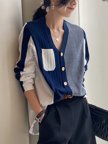Urban Long Sleeves Contrast Color Split-joint V-neck Cardigan Tops