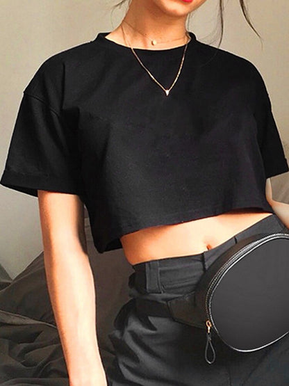 Harajuku Shirt Funny Y2k Crop Tops Black Femme Navel T-shirt Round Neck Short Loose Tee Shirt Summer