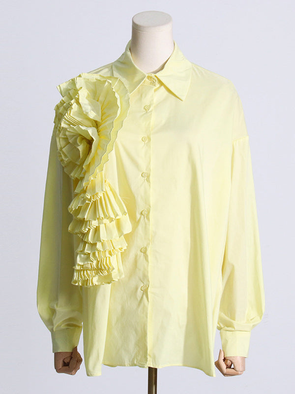Long Sleeves Loose Asymmetric Buttoned Pleated Color Split-joint Three-dimensional Flower Lapel Blouses&shirts Tops