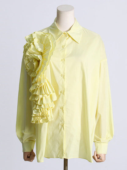 Long Sleeves Loose Asymmetric Buttoned Pleated Color Split-joint Three-dimensional Flower Lapel Blouses&shirts Tops