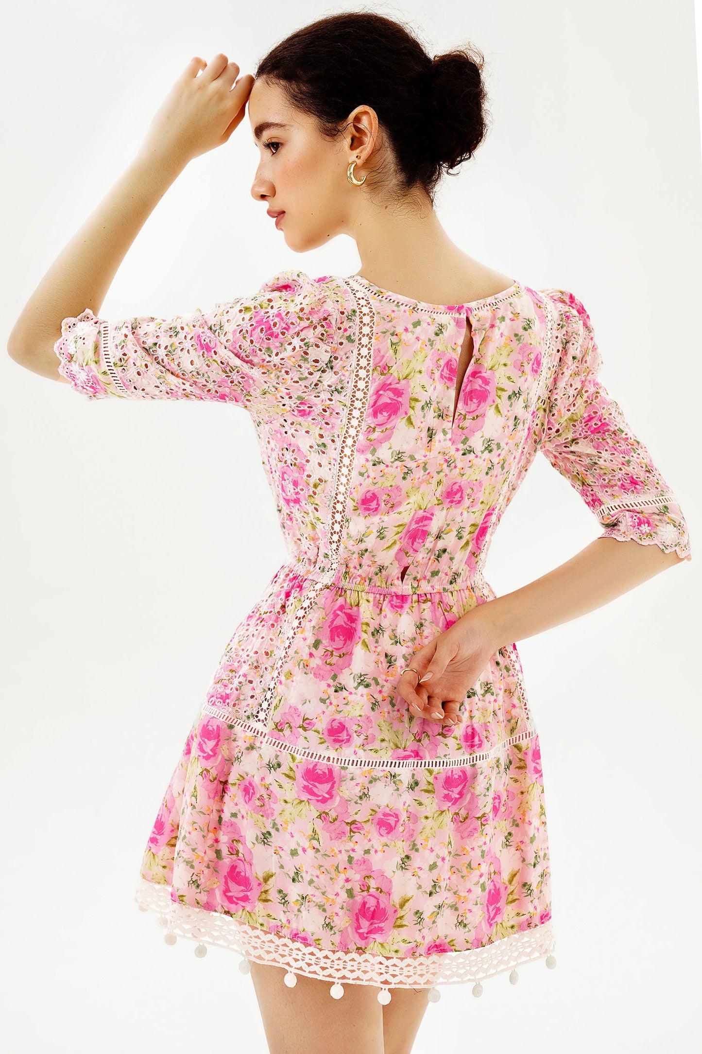 Puff Sleeve Lace Trim Ruffle Mini Dress