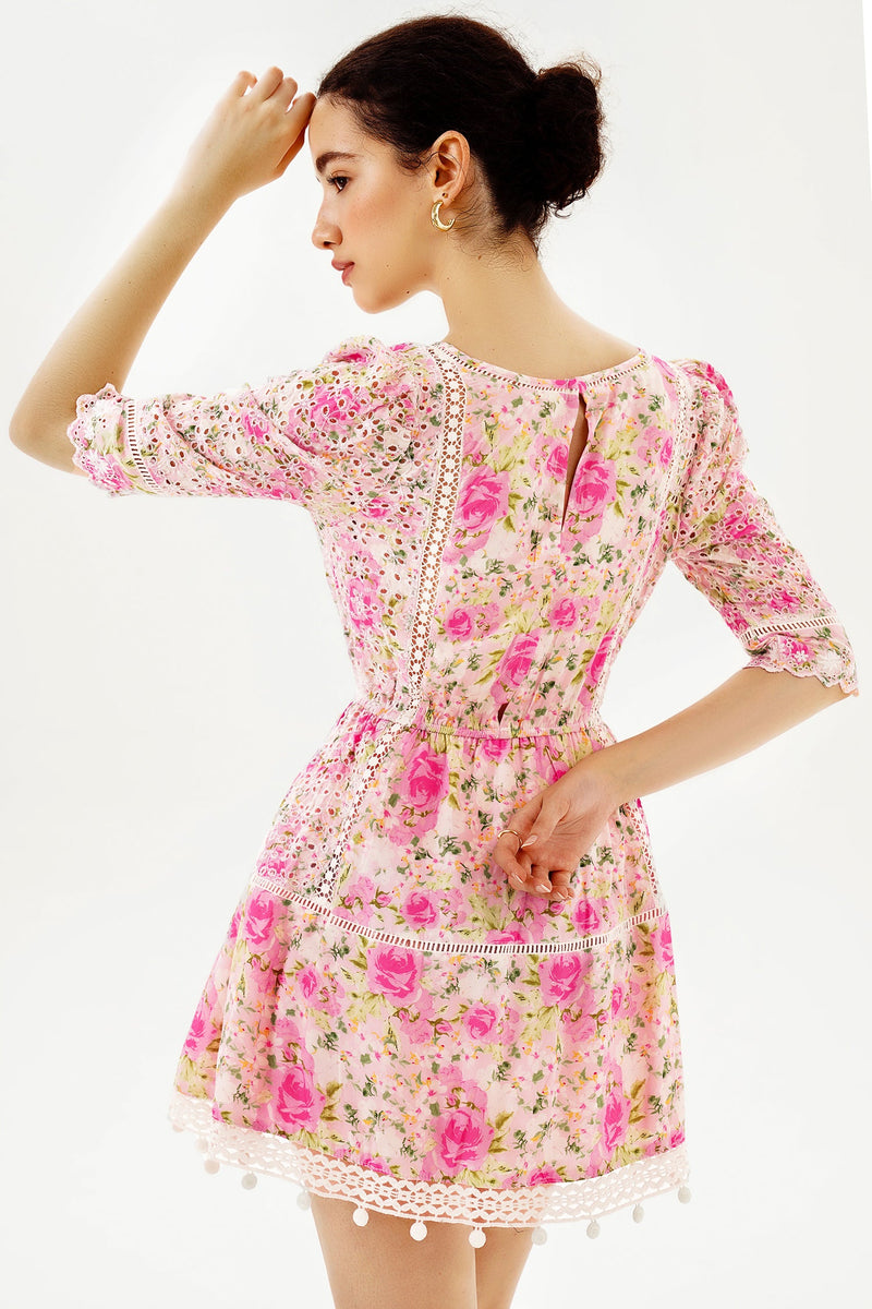 Puff Sleeve Lace Trim Ruffle Mini Dress