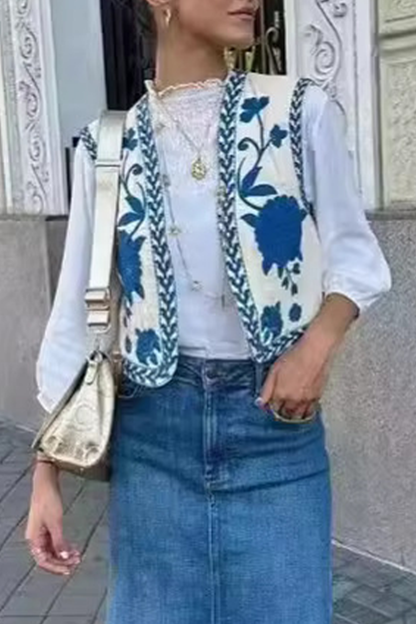 Print Embroidered Cardigan Collar Waistcoats