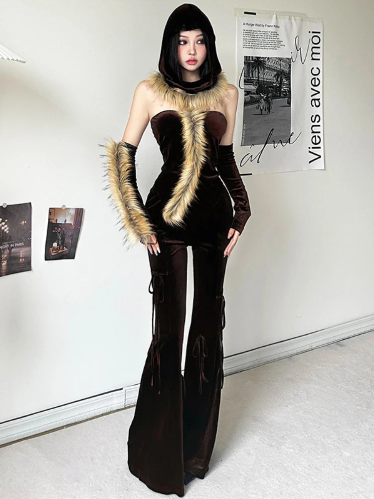 Taruxy Bandage Slim Flare Pant Sets Backless Hoodies Woman Autumn Winter Pants 2 Piece Suits Outfits