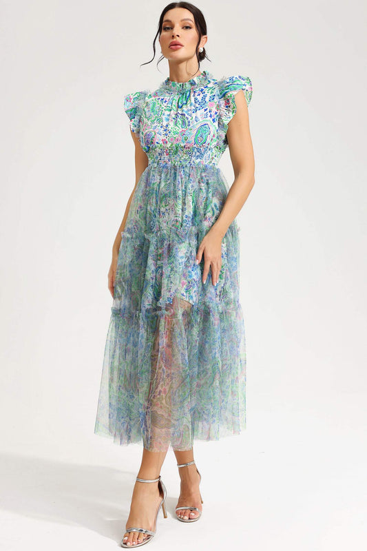 Flutter Sleeve Crew Collar Tapered Waist Midi Dress Green