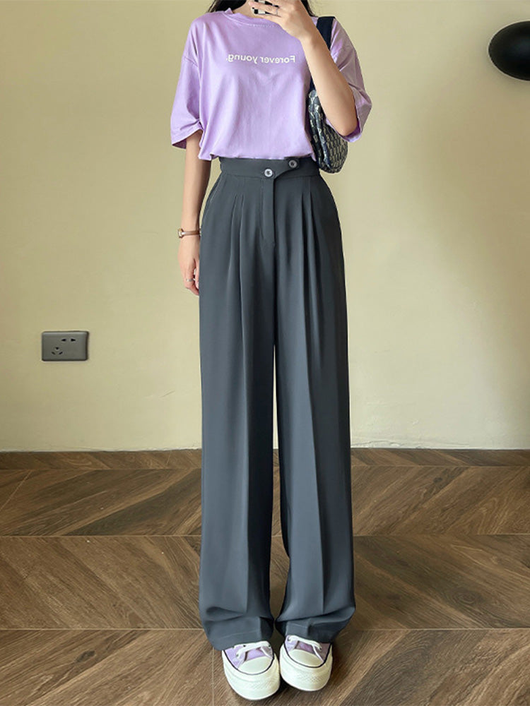 Wide Office Trousers for High Waist White Straight Stacked Pants With Pockets Double-button Classic ’s Trousers