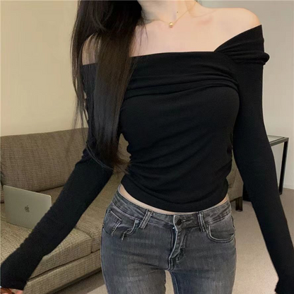 Off Shoulder T-shirts Long Sleeve Shirts Cropped Tops Clubwear Skew Collar Warm Pullovers