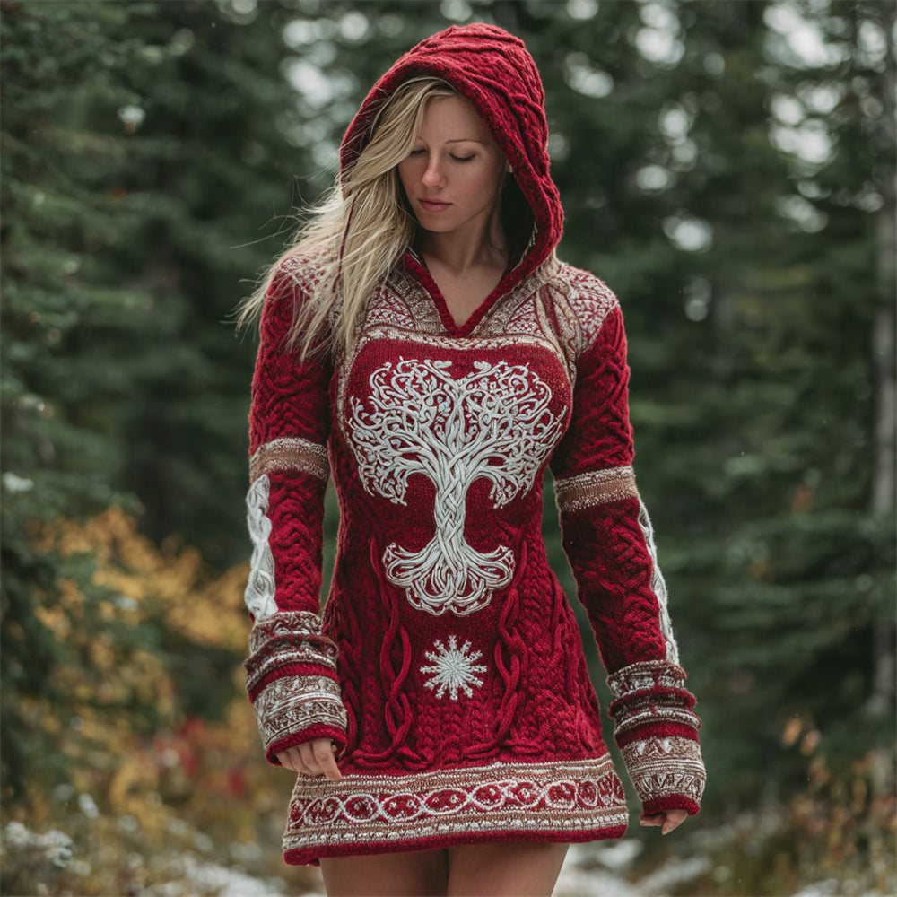 Viking Christmas Celtic Tree Women's Knit Hooded Mini Dress artswardrobe
