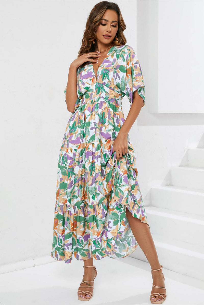 V-neck Short Sleeve Maxi Dress