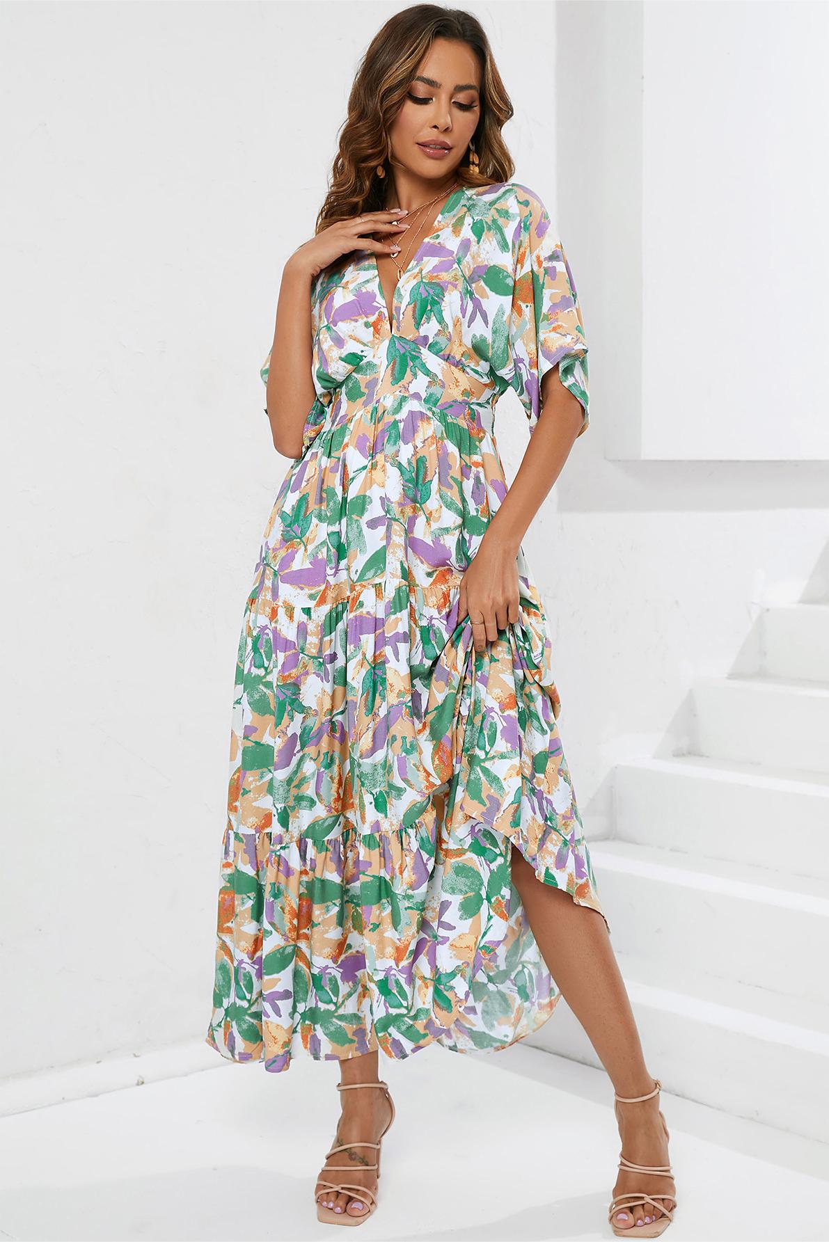 V-neck Short Sleeve Maxi Dress