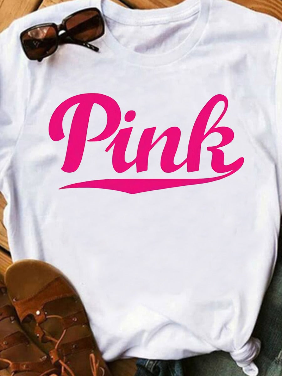 Pink Letter Print T-shirt New in Spring Summer Short Sleeve Round Neck Basic Tee Daily Regular Fit High Street Tops for