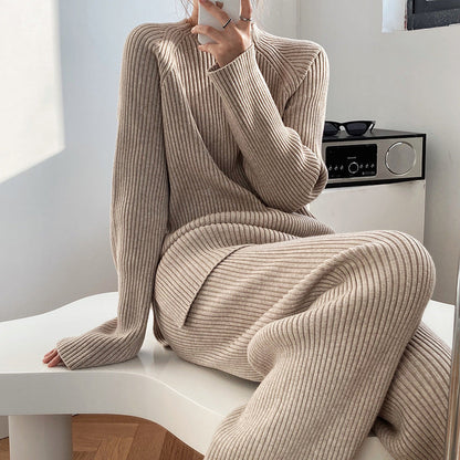 Autumn Winter Fashionable Side Slit Sweater Suit Thickened Knitting Wide Leg Pants Set Female