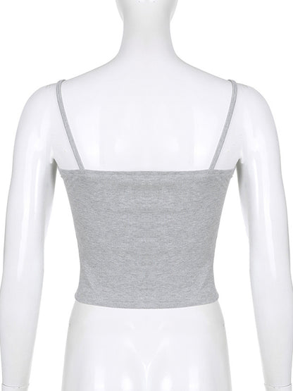 Y2k Bow Knitted Crop Top Lace V Neck Mini Vest Basic Camis Harajuku Grey Sweats Aesthetic Korean Tee