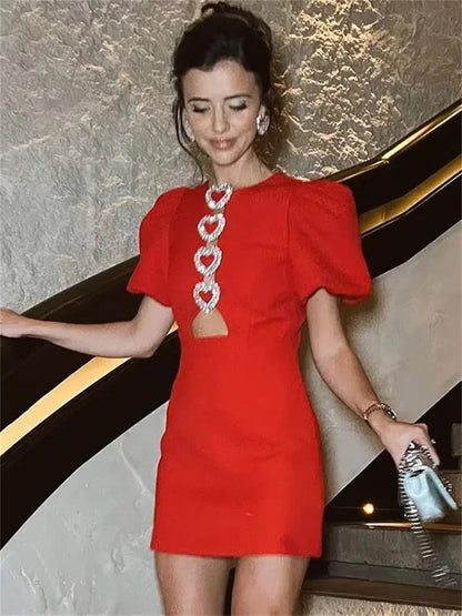 Tossy Bow Love Mini Dress Hollow Out Patchwork Short Sleeve Party Dress Female High Street Dress