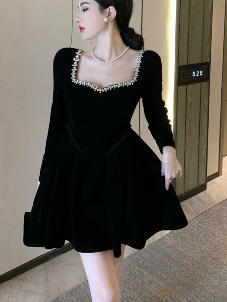Black Velvet Mini Dress Long Sleeve Square Collar High Waist A-line Autumn Spring Evening Party Vestidos Mujer New