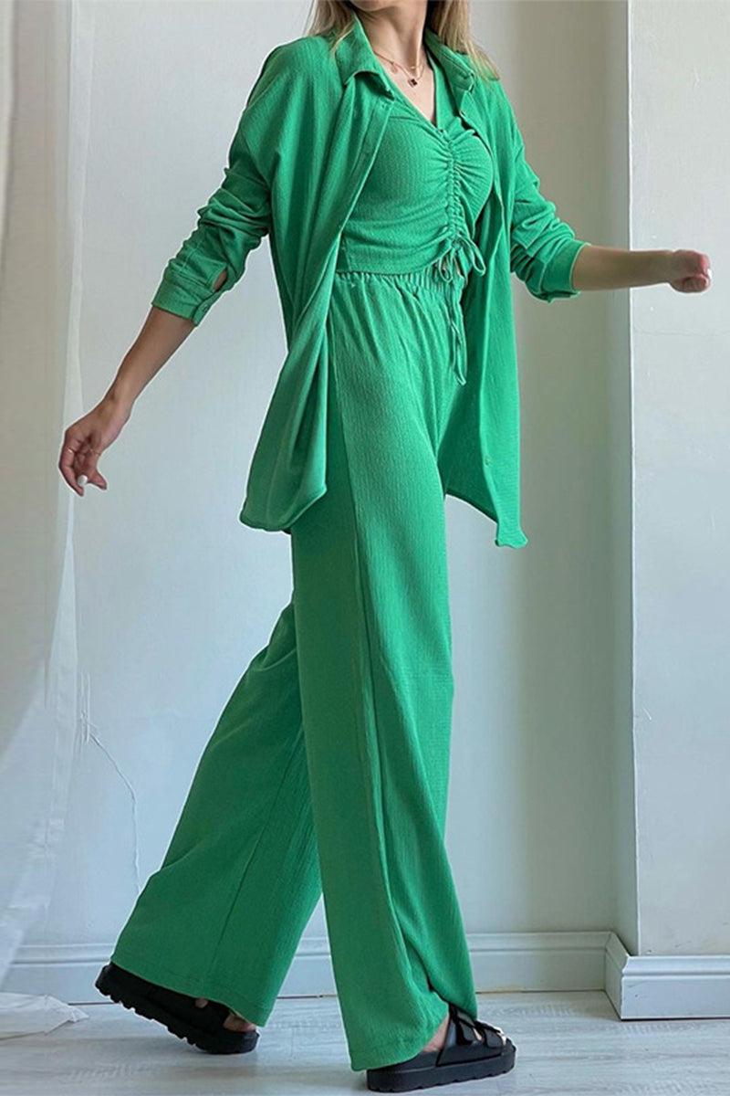 Draw String Fold Turndown Collar Long Sleeve Three Pieces(shirt Vest Trousers)