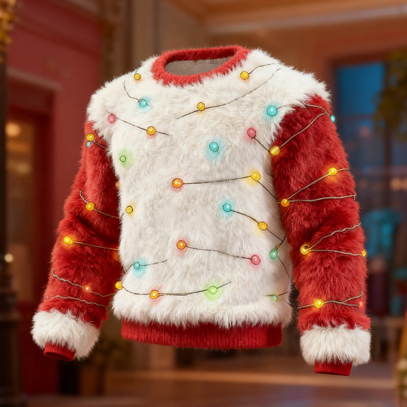 Comstylish Men's Fun Christmas Lights Comfortable Crew Neck Plush Sweatshirt
