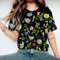 Floral Spring Birds Embroidery Pattern Casual Short Sleeve T-Shirt artswardrobe