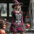 Halloween Witch Skeleton & Floral Lady Long-sleeve Knit Mini Dress artswardrobe