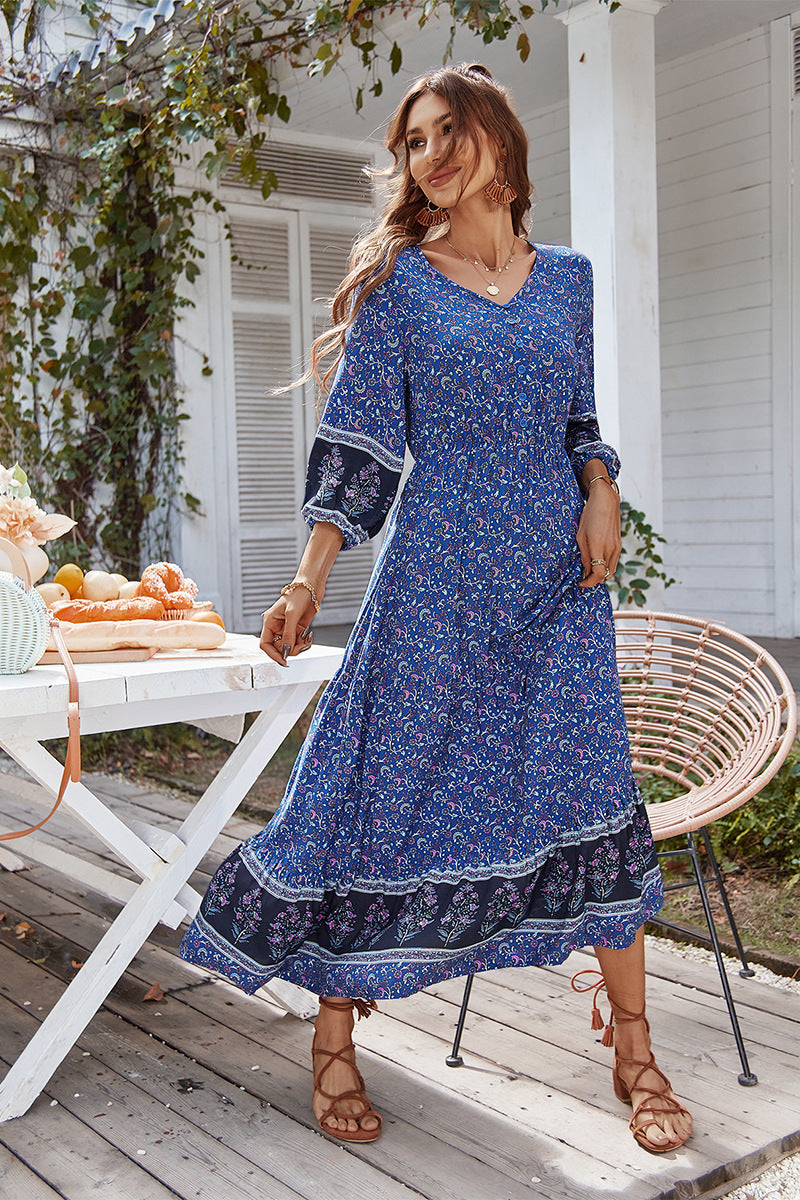 Print Puff Sleeve Loose Maxi Dress Blue