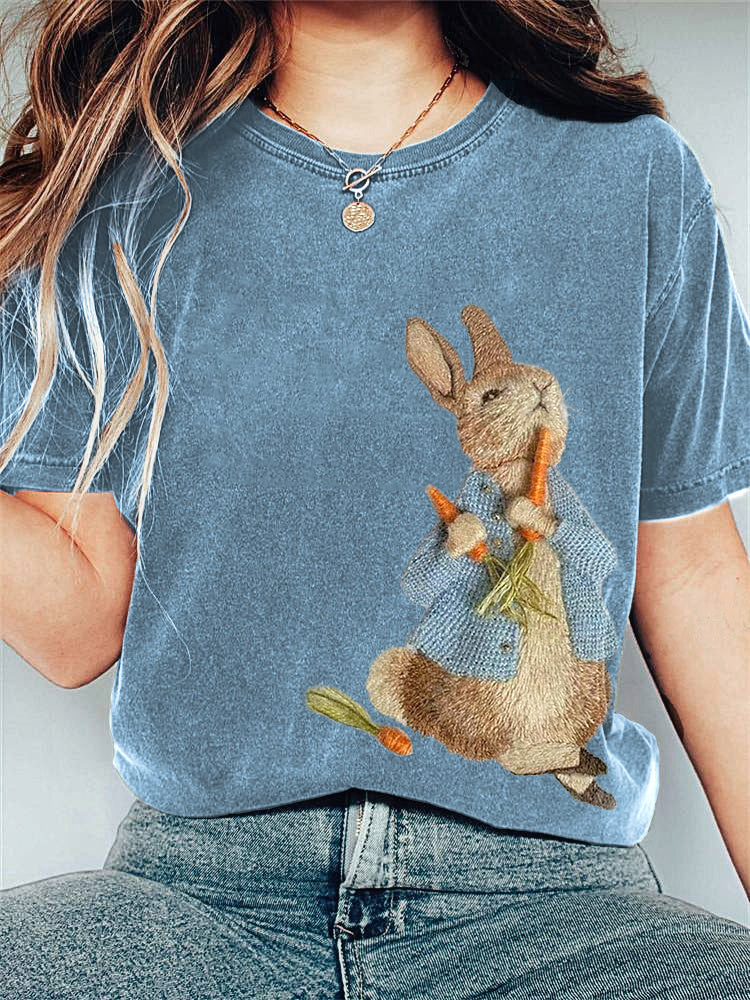 Cute Bunny Embroidery Pattern Casual T-Shirt artswardrobe