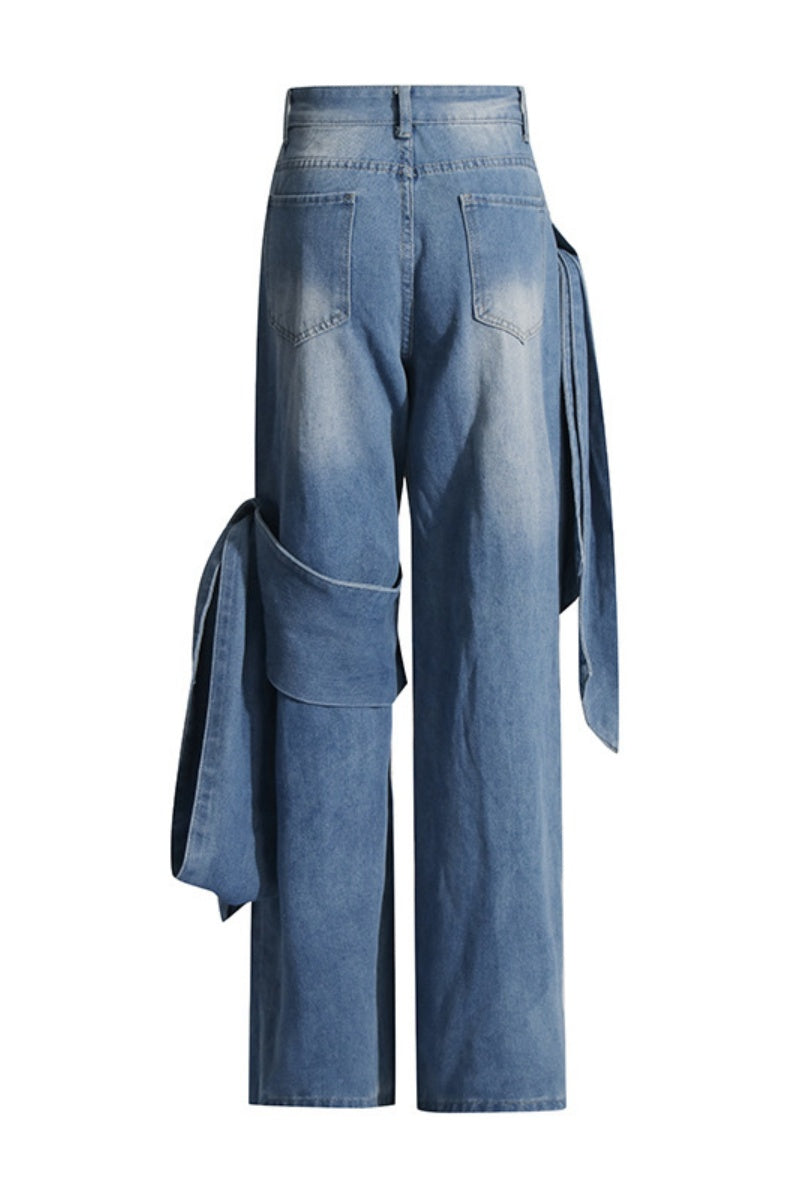 Patchwork Belted High Waist Straight Denim Jeans