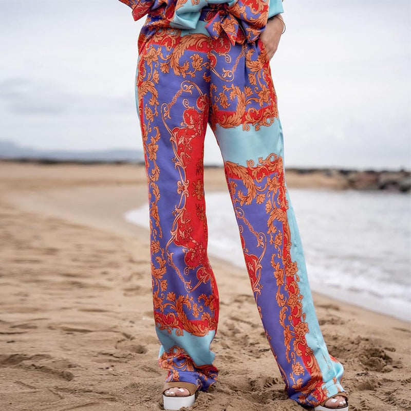 Spring Summer Clothing Printed Long Sleeved Top Straight Pants Suit