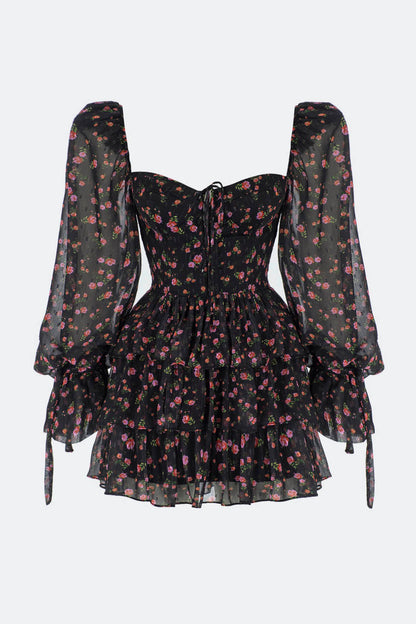 Puff Sleeve Corset Tiered Ruffle Hem Mini Dress