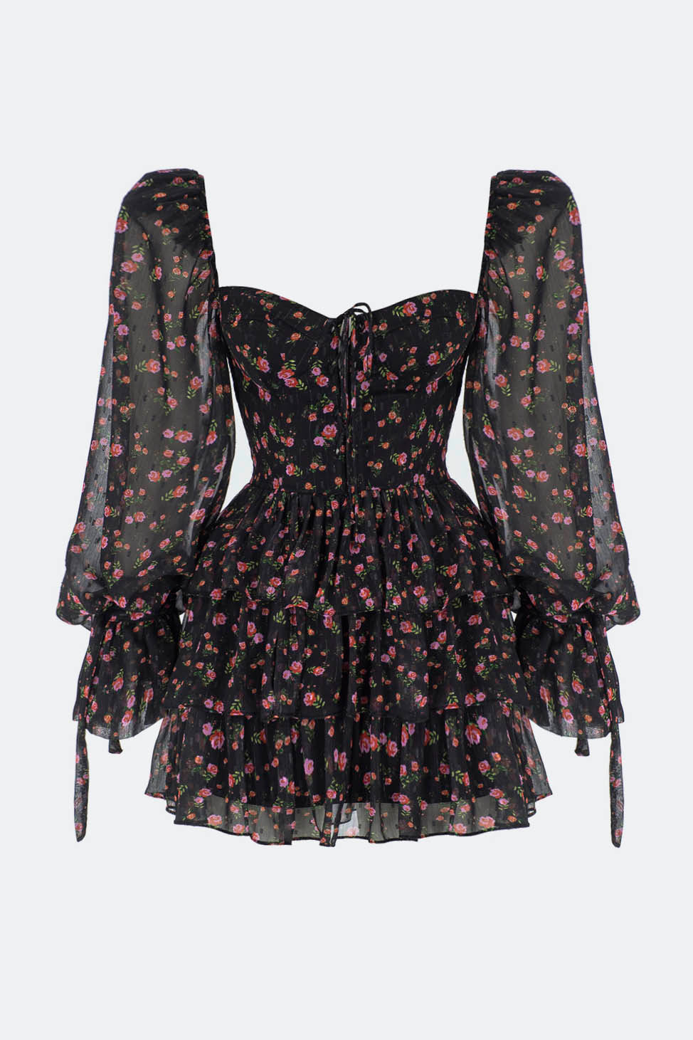 Puff Sleeve Corset Tiered Ruffle Hem Mini Dress