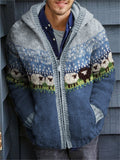 Men's Vintage Sheep Landscape Icelandic Cozy Knit Hooded Cardigan elevenforest