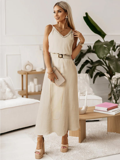 Dress Ruffles V-neck Belted Sleeveless Summer Maxi Dresses