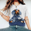 Comstylish Women's Cute Dachshund Denim Patchwork Print Casual T-shirt