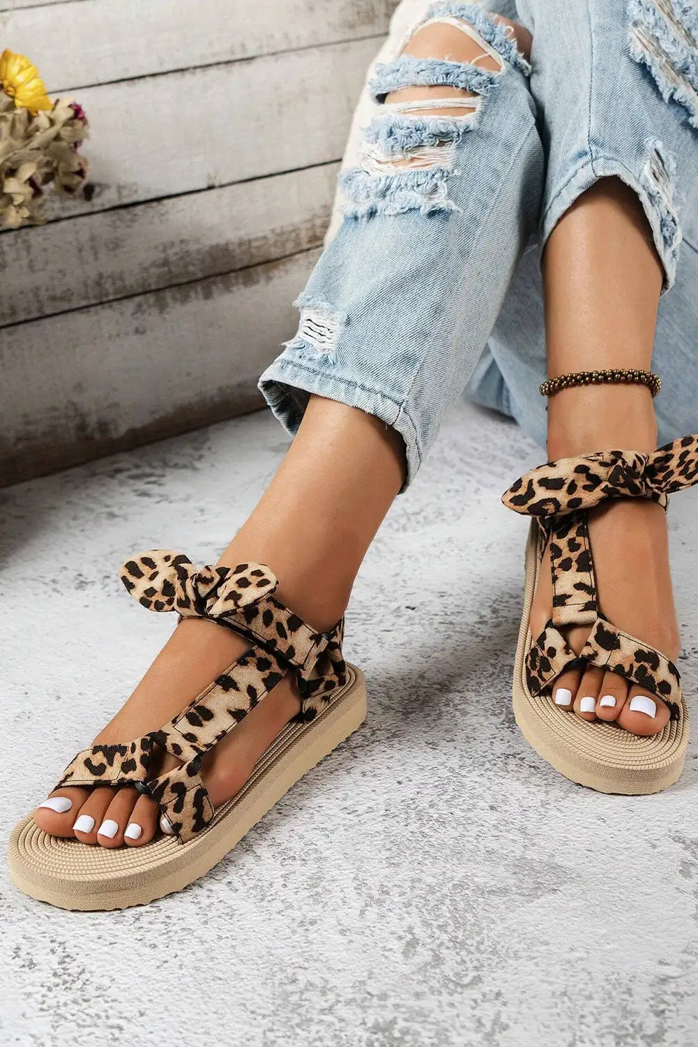 Leopard Bow Thick Sole Sandals