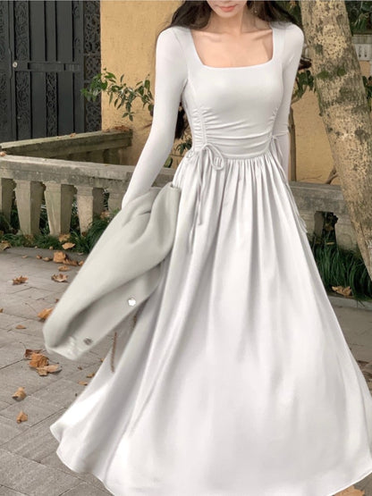 Midi Dress Long Sleeve Square Collar High Waist Autumn Spring French A-line Party Vestidos