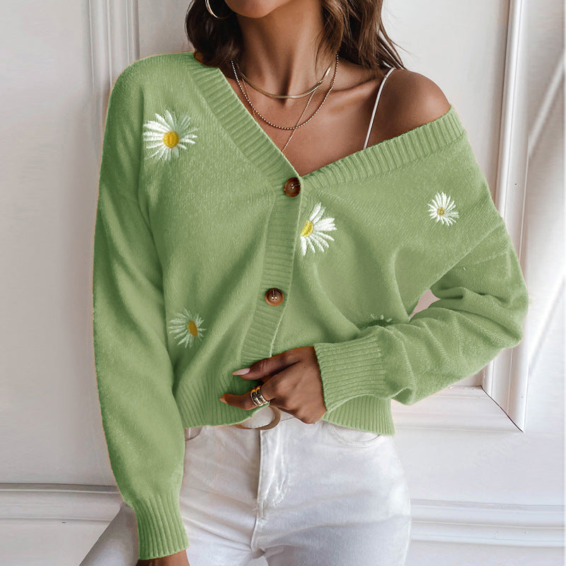 Sweet Clothing Small Chrysanthemum Embroidery V Neck Sweater Coat Autumn Winter Loose Knitted Cardigan