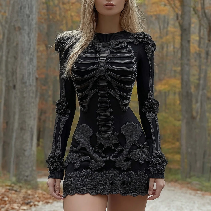 Women's Halloween Skeleton Flower Art Embroidery Cozy Knit Mini Sweater Dress artswardrobe