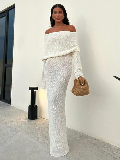 Tossy Knit Hollow Out Off-shoulder Maxi Dress Female Cover Up Loose Long Sleeve Holiday Beach Party Dress Knitwear Dress