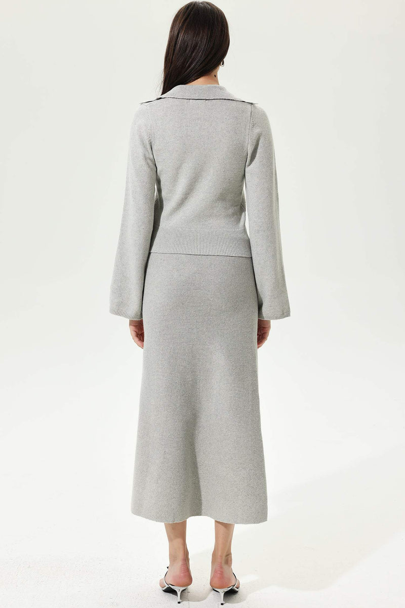 Flared Sleeve V-neck Sweater Half Dress Two-piece Set Grey